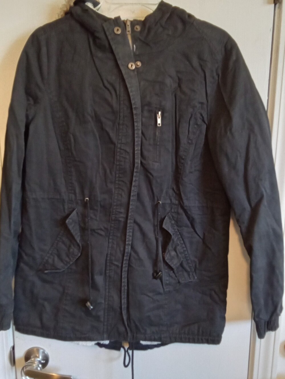 #6083 Women's Hooded Utility Jacket - Black  -  L